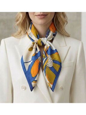 Elegant Bandana Floral Silky Square Scarf Luxurious BLUE ORANGE Soft Satin Hijab